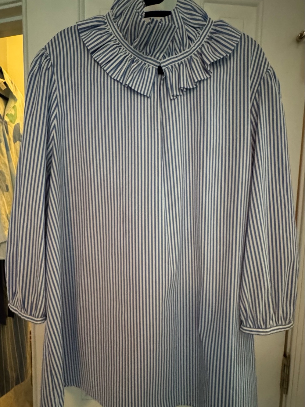 Tuckernuck Blue and White Striped Ruffle-Neck Blouse
